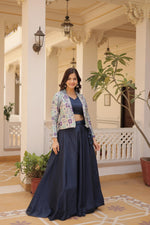 Thumbnail for Lorenvalley Black Premium Chinnon Lehenga Choli with Jacquard Woven Design Koti - Distacart