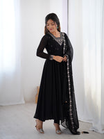 Thumbnail for Lorenvalley Black Faux Georgette Fancy Embroidery Beads And Jari Work Anarkali Kurta Palazzo With Dupatta Set