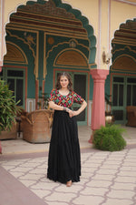 Thumbnail for Lorenvalley Black Rayon Fabric with Kutchi Gamthi Kodi work Gown