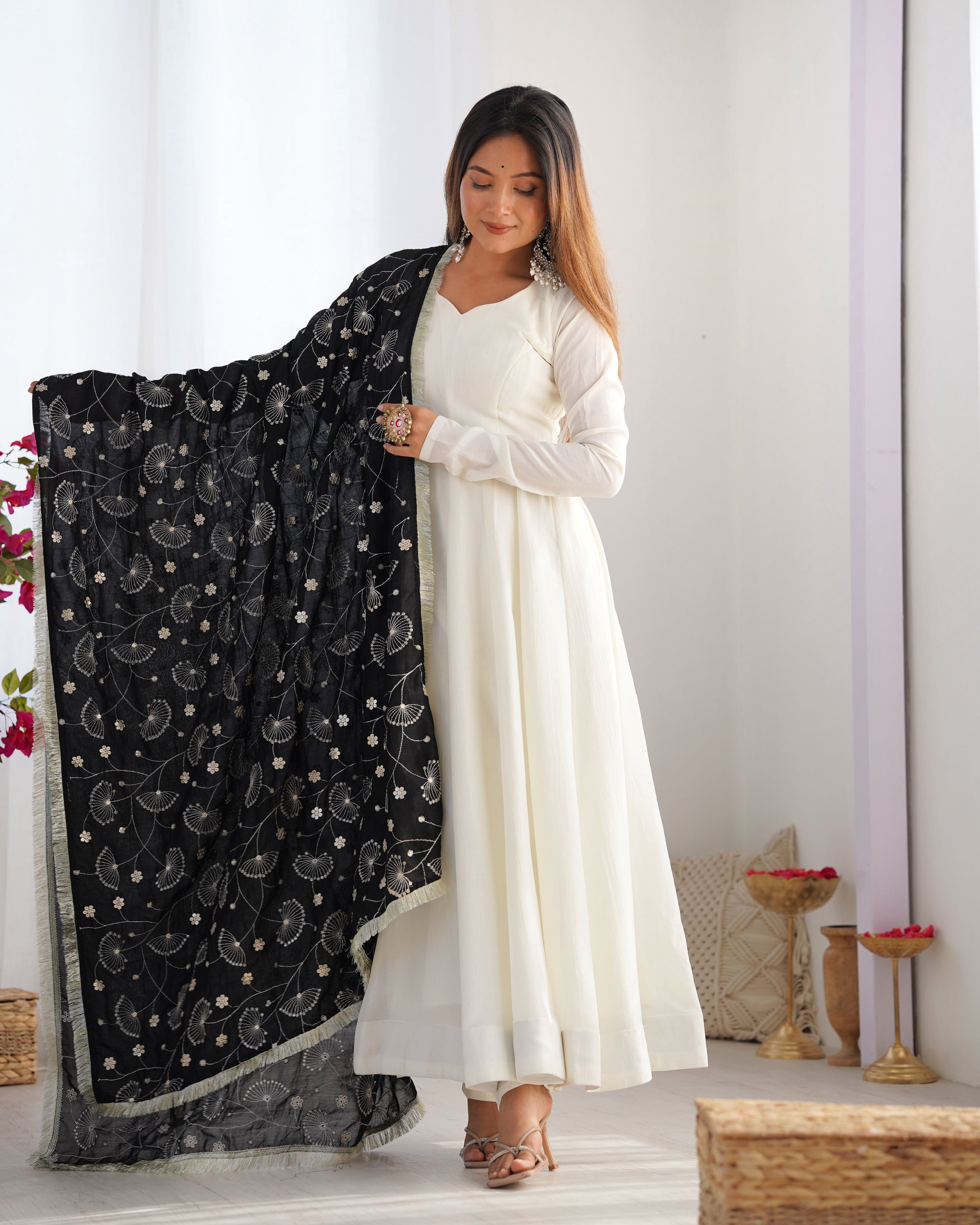 Lorenvalley Fashion White Vichitra Silk Fabric Fully Flared Anarkali Pant With Dupatta Set