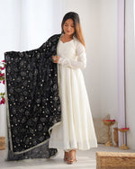 Thumbnail for Lorenvalley Fashion White Vichitra Silk Fabric Fully Flared Anarkali Pant With Dupatta Set