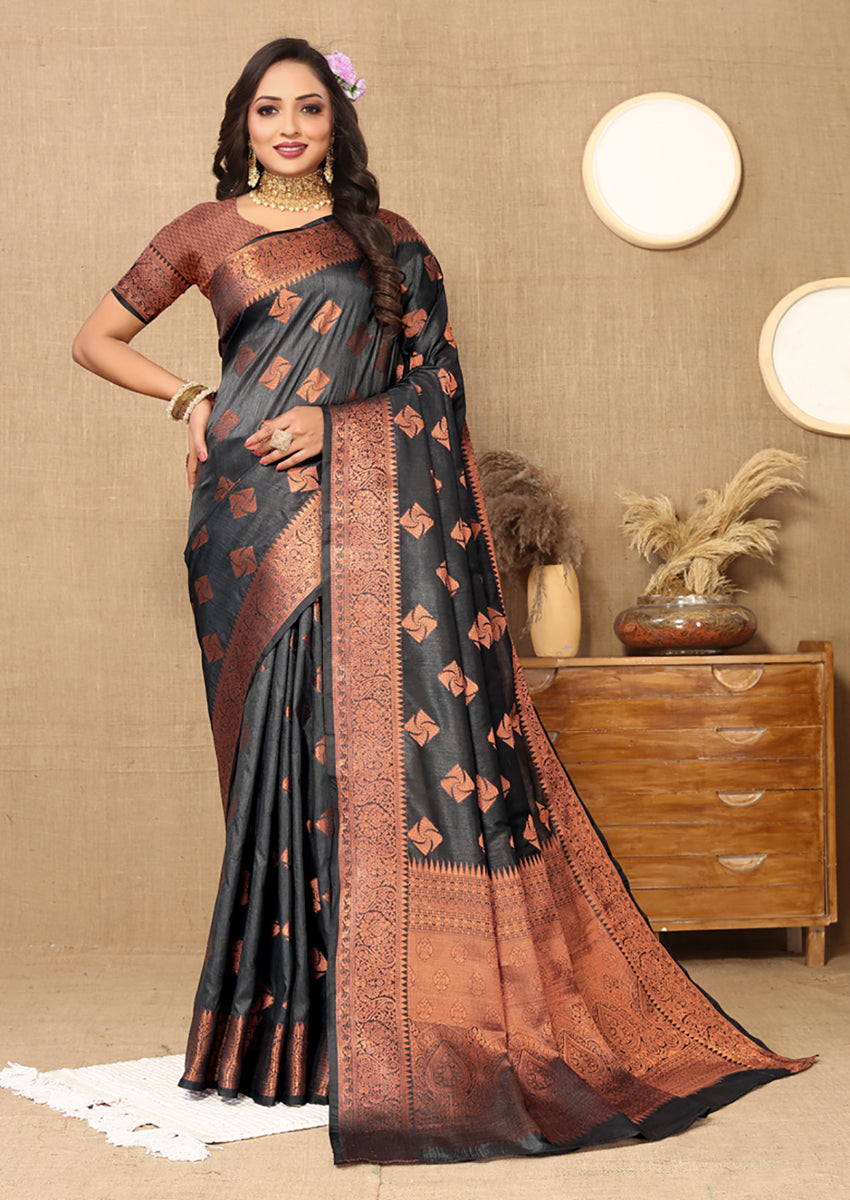 Lorenvalley Fashion Black Soft Katan Silk Woven Design Copper Zari Weaving Saree - Distacart