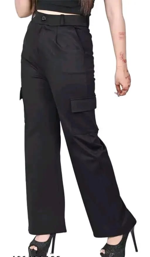 PAVONINE Black Color Cotrise Fabric With 4 pockets Cargo/Trousers For Girls & Women - Distacart