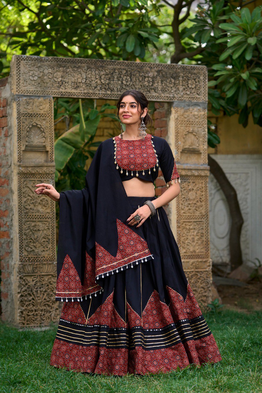 Lorenvalley Black Pure Cotton Plain With Printed And Paper Mirror Work Lace Lehenga Choli - Distacart