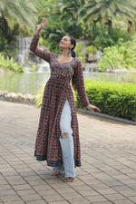 Thumbnail for Lorenvalley Black Printed Cotton With Kutchi Gamthi Work And Kodi Lace Kurti - Distacart