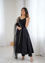 Thumbnail for Lorenvalley Fashion Black Pure Romansilk Chanderi Fabric Yoke Fancy Lace Work Anarkali Kurta Pant With Dupatta Set