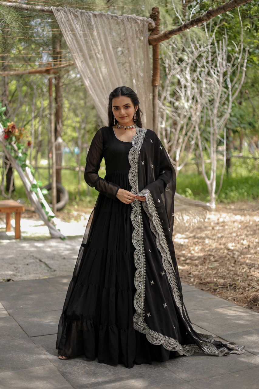 Evanik Black Faux Blooming Gown With Dupatta With Rich Sequins Embroidered work
