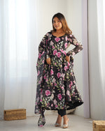 Thumbnail for Lorenvalley Soft Organza Silk With Floral Print Fully Flared Anarkali Pant With Dupatta Set - Black - Distacart