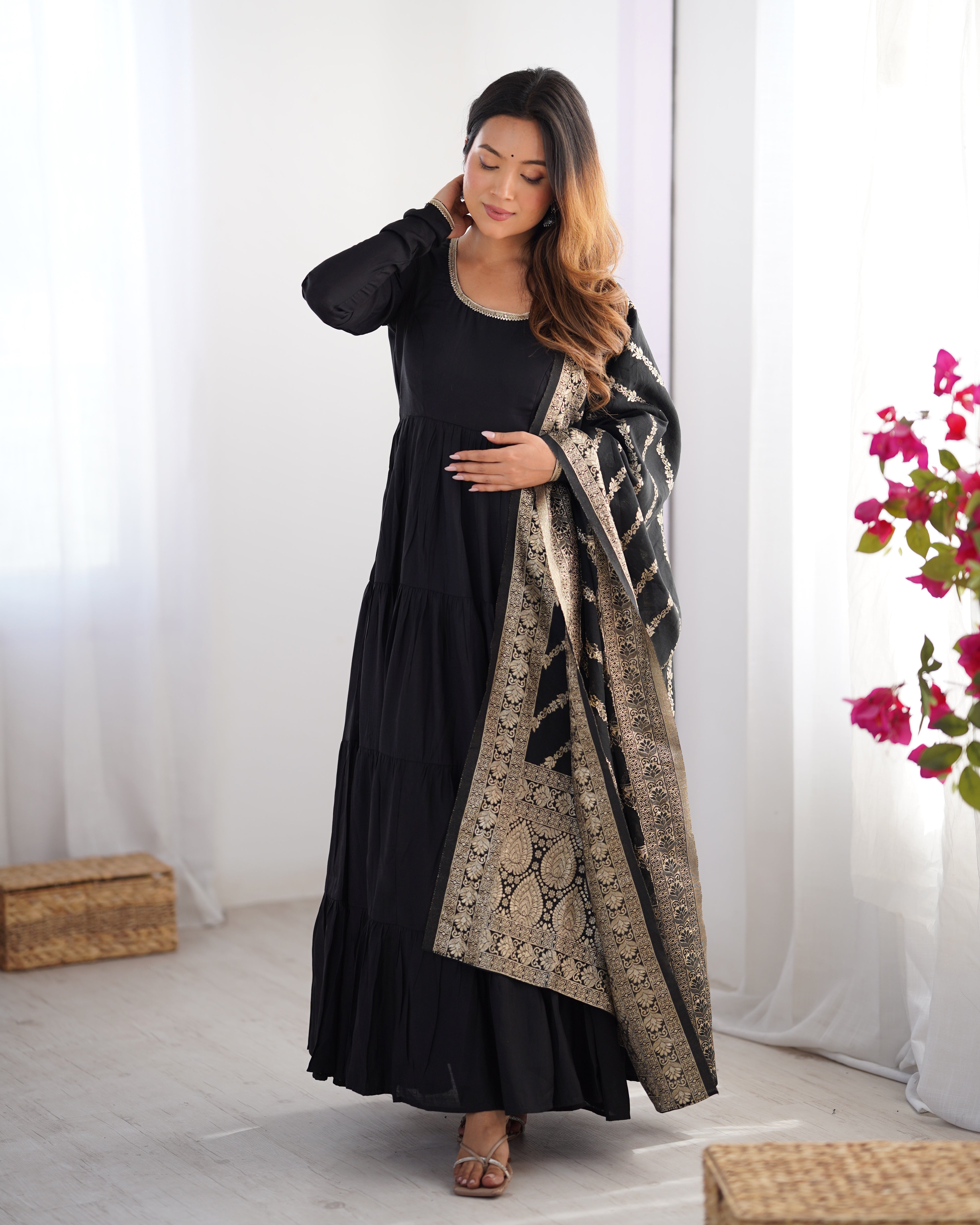 Lorenvalley Women Pure Roman silk Chanderi Fabric Layer Gathering Anarkali Kurta Pant With Dupatta Set