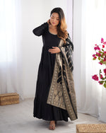 Thumbnail for Lorenvalley Women Pure Roman silk Chanderi Fabric Layer Gathering Anarkali Kurta Pant With Dupatta Set