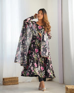 Thumbnail for Lorenvalley Soft Organza Silk With Floral Print Fully Flared Anarkali Pant With Dupatta Set - Black - Distacart