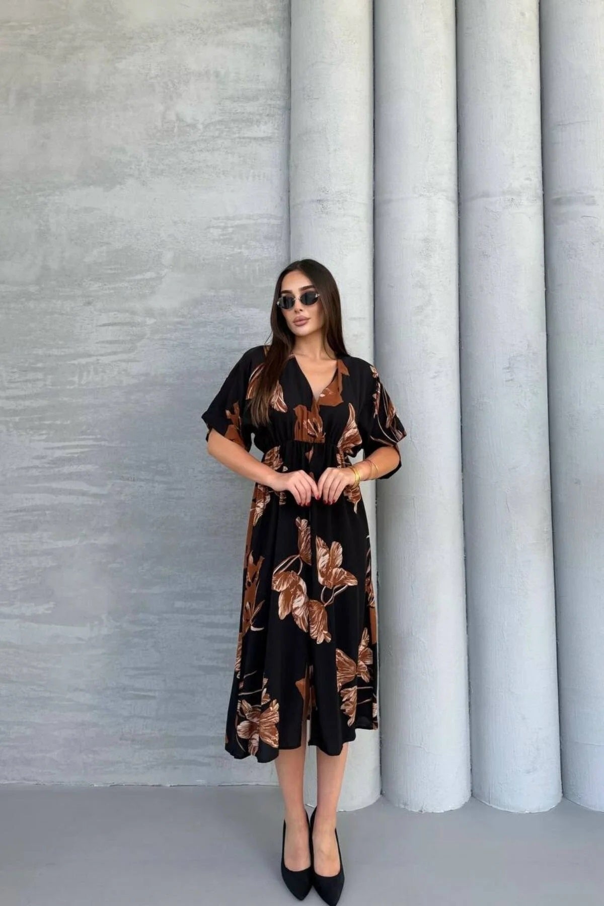 Pimu Front Slit Midi Dresses V-neck Designs For Women Party Wear - Black