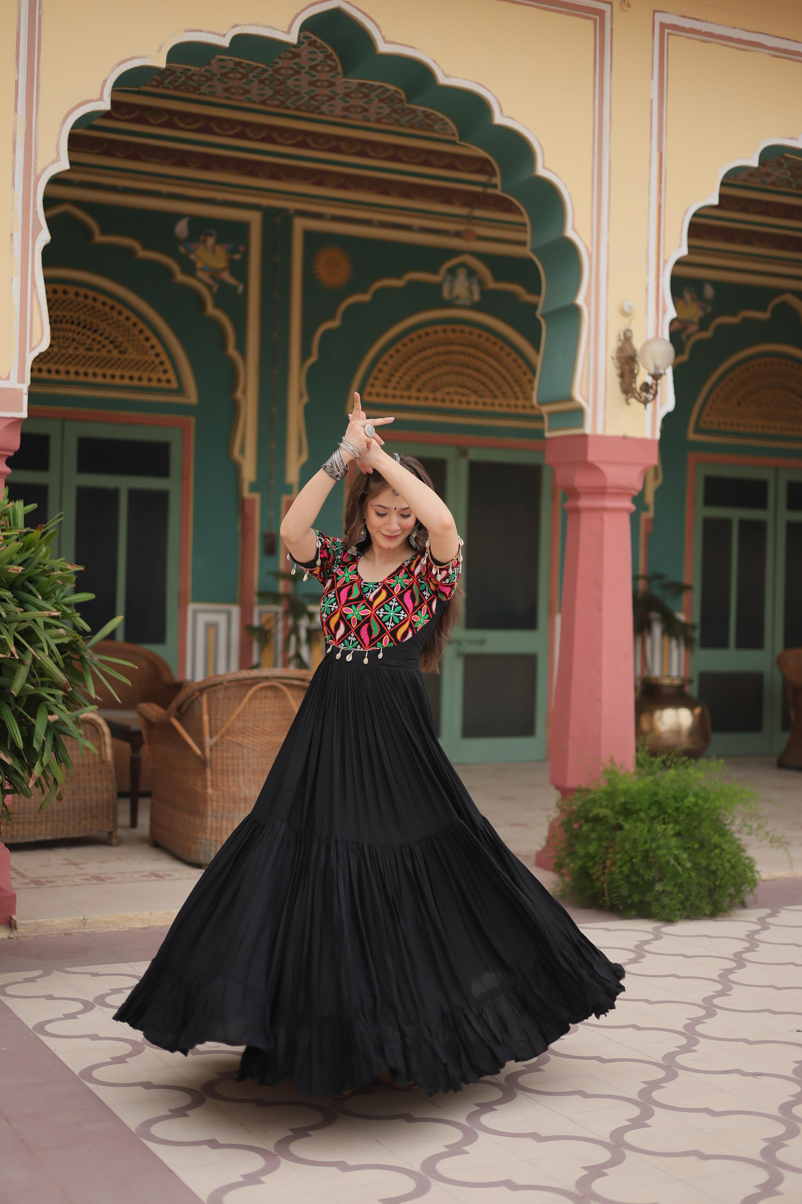 Lorenvalley Black Rayon Fabric with Kutchi Gamthi Kodi work Gown