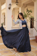 Thumbnail for Lorenvalley Black Premium Chinnon Lehenga Choli with Jacquard Woven Design Koti - Distacart