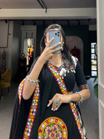 Thumbnail for Lorenvalley Black Rayon With Printed Silk Original Mirror Gamthi Work Lehenga Choli With Dupatta - Distacart
