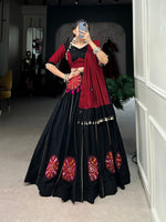 Thumbnail for Lorenvalley Pure Black Cotton Plain And Gamthi Patch Work With Gota Patti Lehenga Choli with Dupatta - Distacart