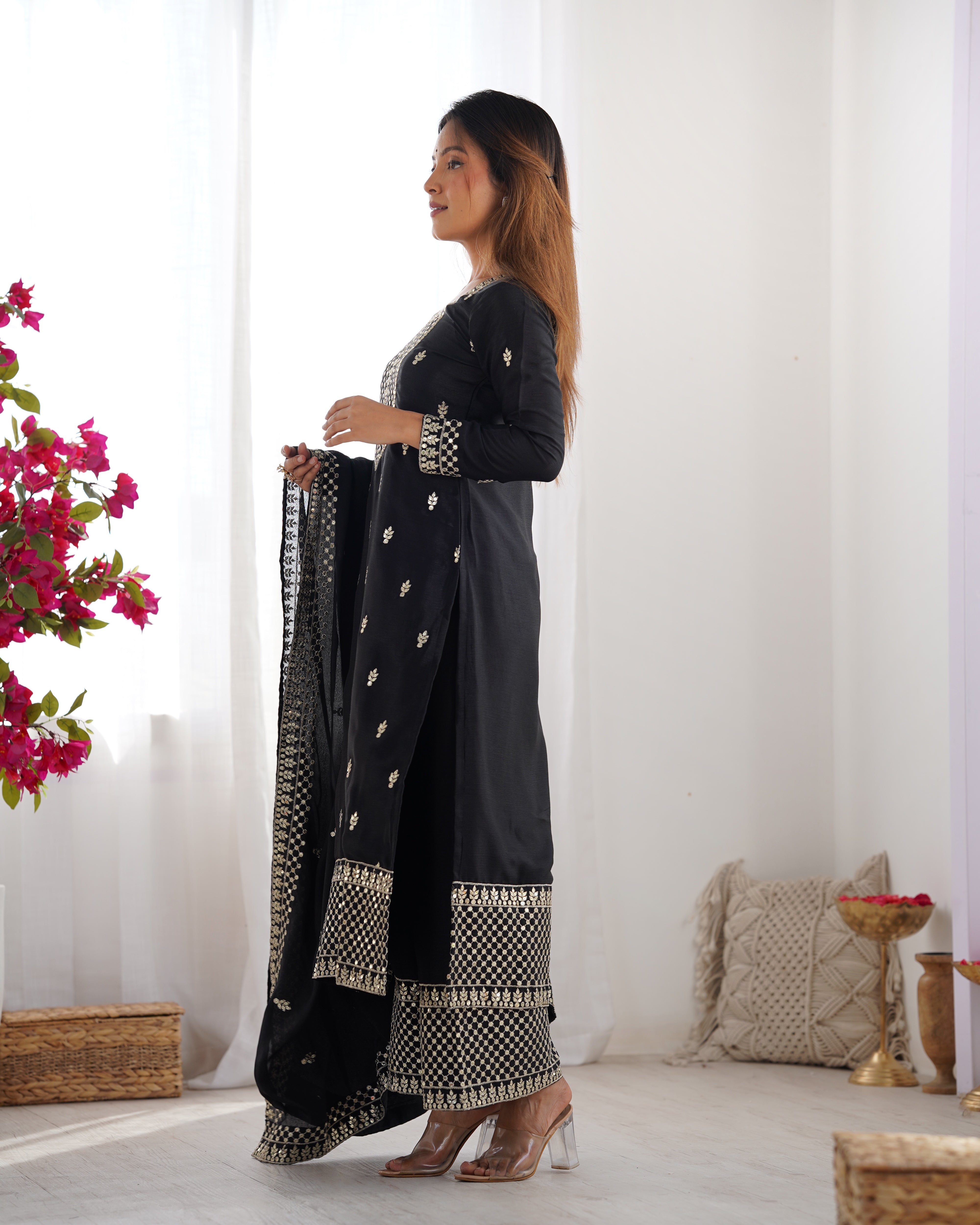 Lorenvalley Black Chinon Silk Embroidery Sequence and Jari Work Kurta Trousers with Dupatta Set
