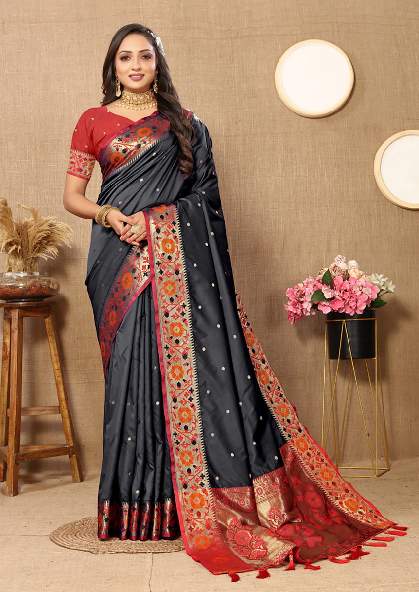 Lorenvalley Fashion Black Soft Paithani Silk Woven Design Rich Meenakari Zari Weaving Pallu Saree - Distacart