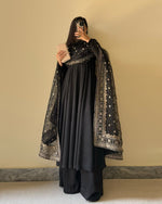 Thumbnail for Lorenvalley Black Faux Georgette Yoke and Sleeve Potli Button Work Kurta Palazzo With Dupatta Set