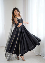 Thumbnail for Lorenvalley Fashion Black Pure Romansilk Chanderi Fabric Yoke Fancy Lace Work Anarkali Kurta Pant With Dupatta Set