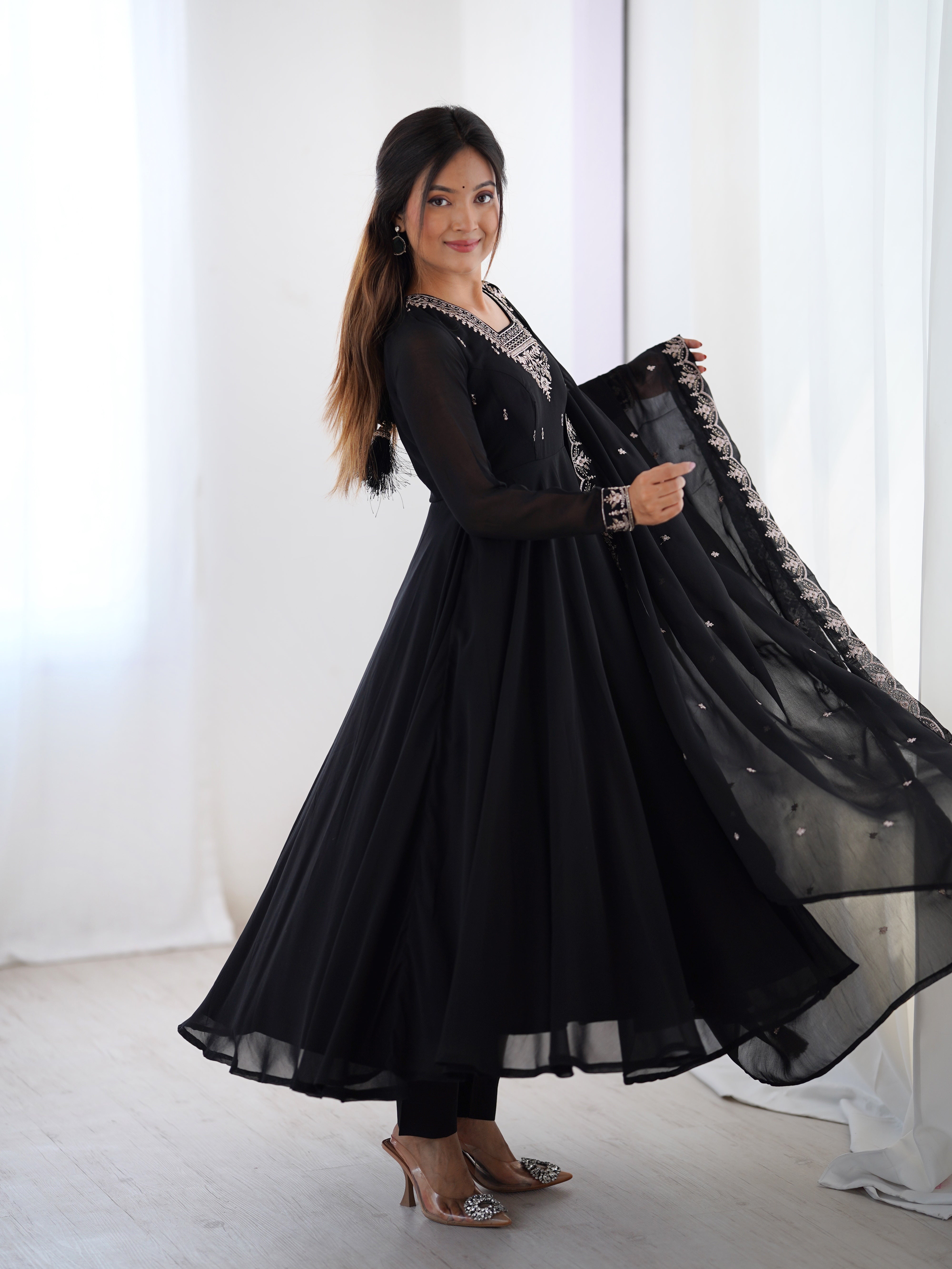 Lorenvalley Black Faux Georgette Fancy Embroidery Beads And Jari Work Anarkali Kurta Palazzo With Dupatta Set