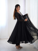 Thumbnail for Lorenvalley Black Faux Georgette Fancy Embroidery Beads And Jari Work Anarkali Kurta Palazzo With Dupatta Set