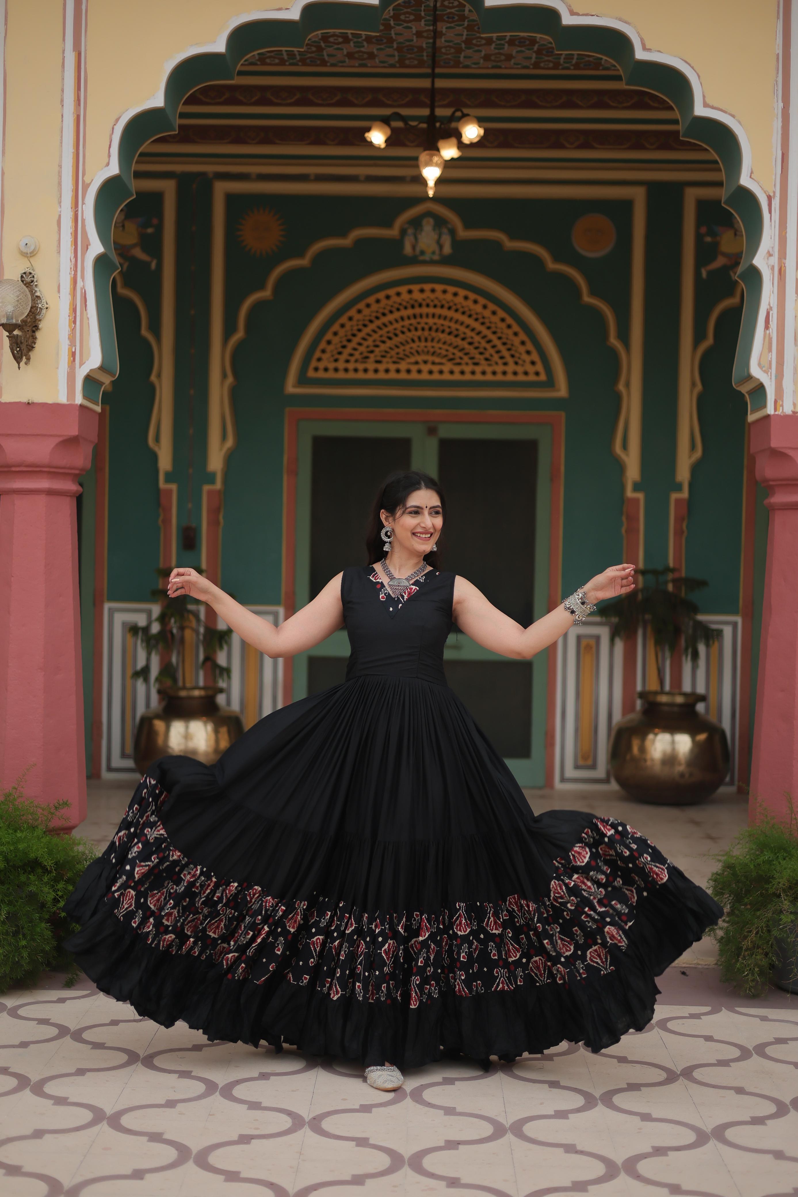 Lorenvalley Black Rayon Fabric with Printed Attached In Frill And Neck Gown - Distacart