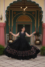 Thumbnail for Lorenvalley Black Rayon Fabric with Printed Attached In Frill And Neck Gown - Distacart