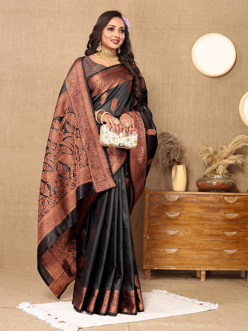 Lorenvalley Fashion Black Soft Katan Silk Woven Design Copper Zari Weaving Saree - Distacart