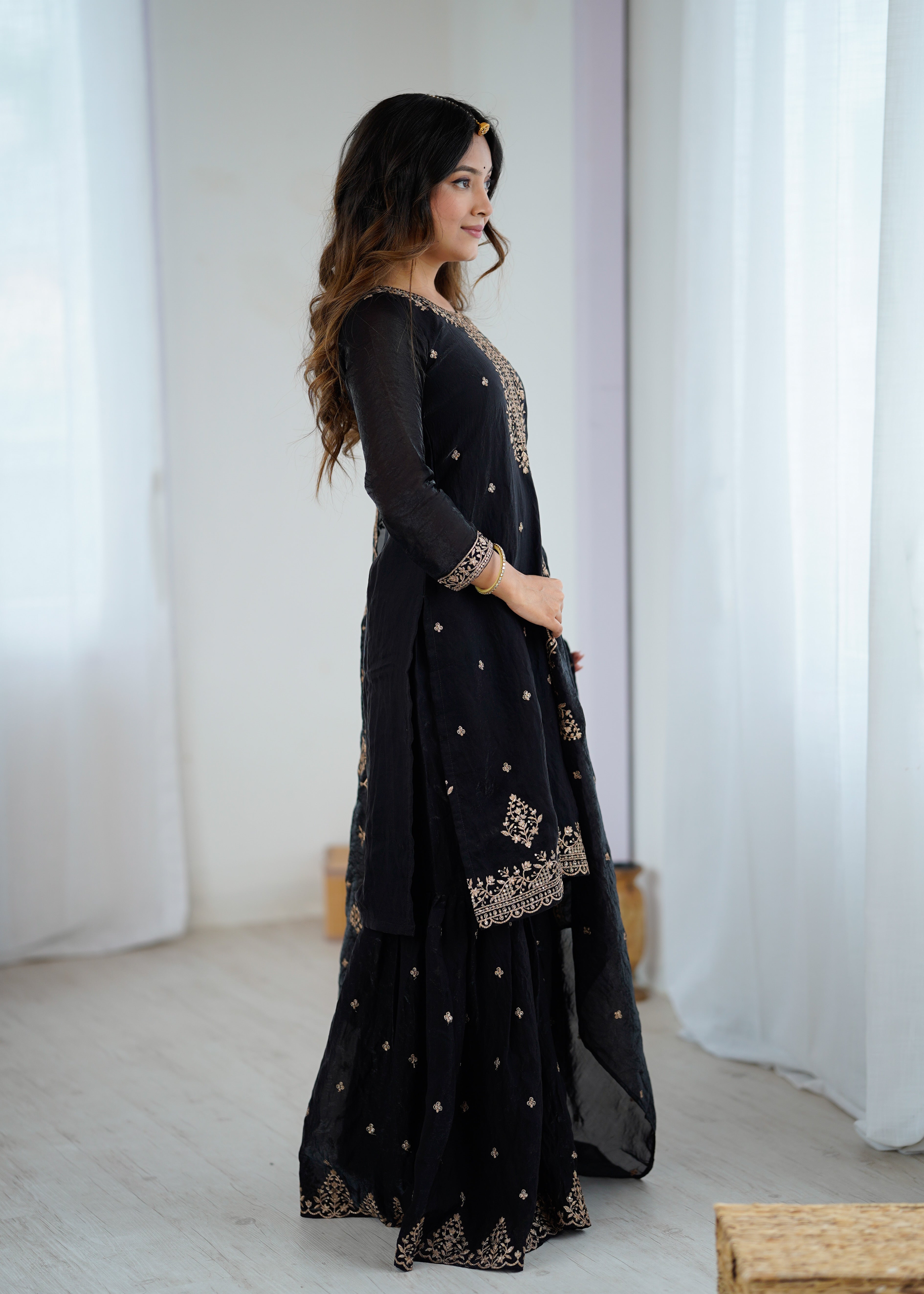 Lorenvalley Black Soft Crunchy Silk with Embroidery Sequence and Jari Work Kurta Palazzo with Dupatta