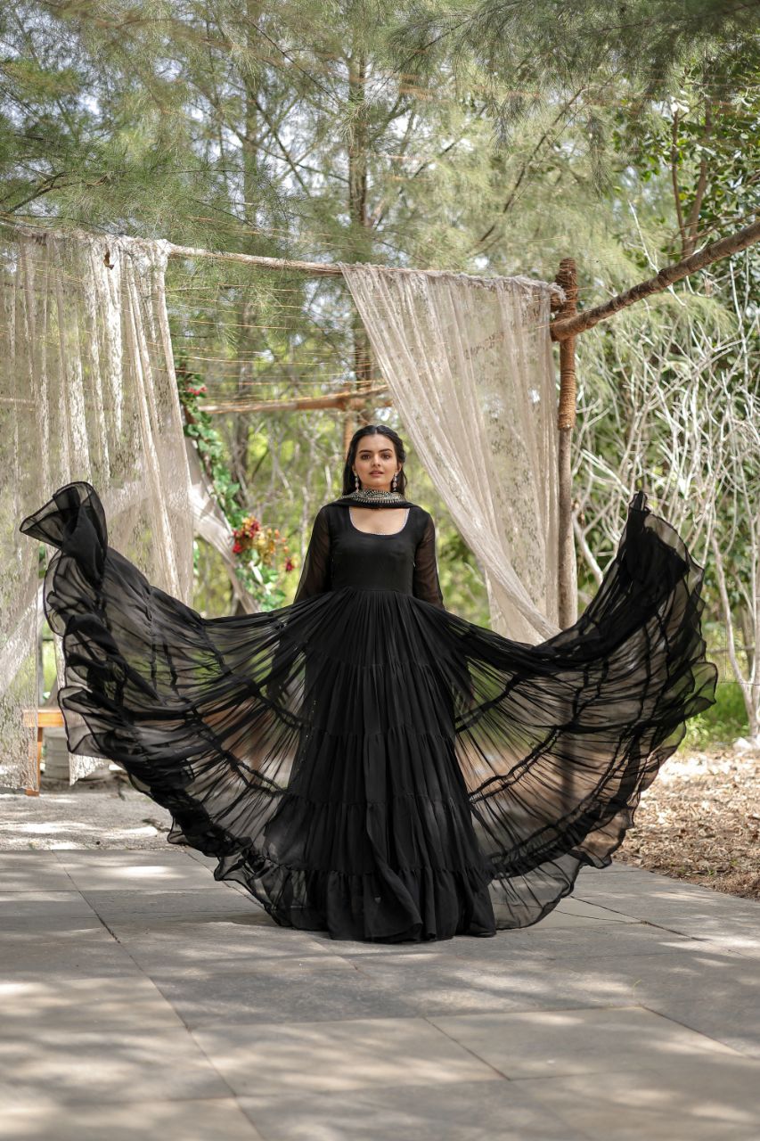 Evanik Black Faux Blooming Gown With Dupatta With Rich Sequins Embroidered work