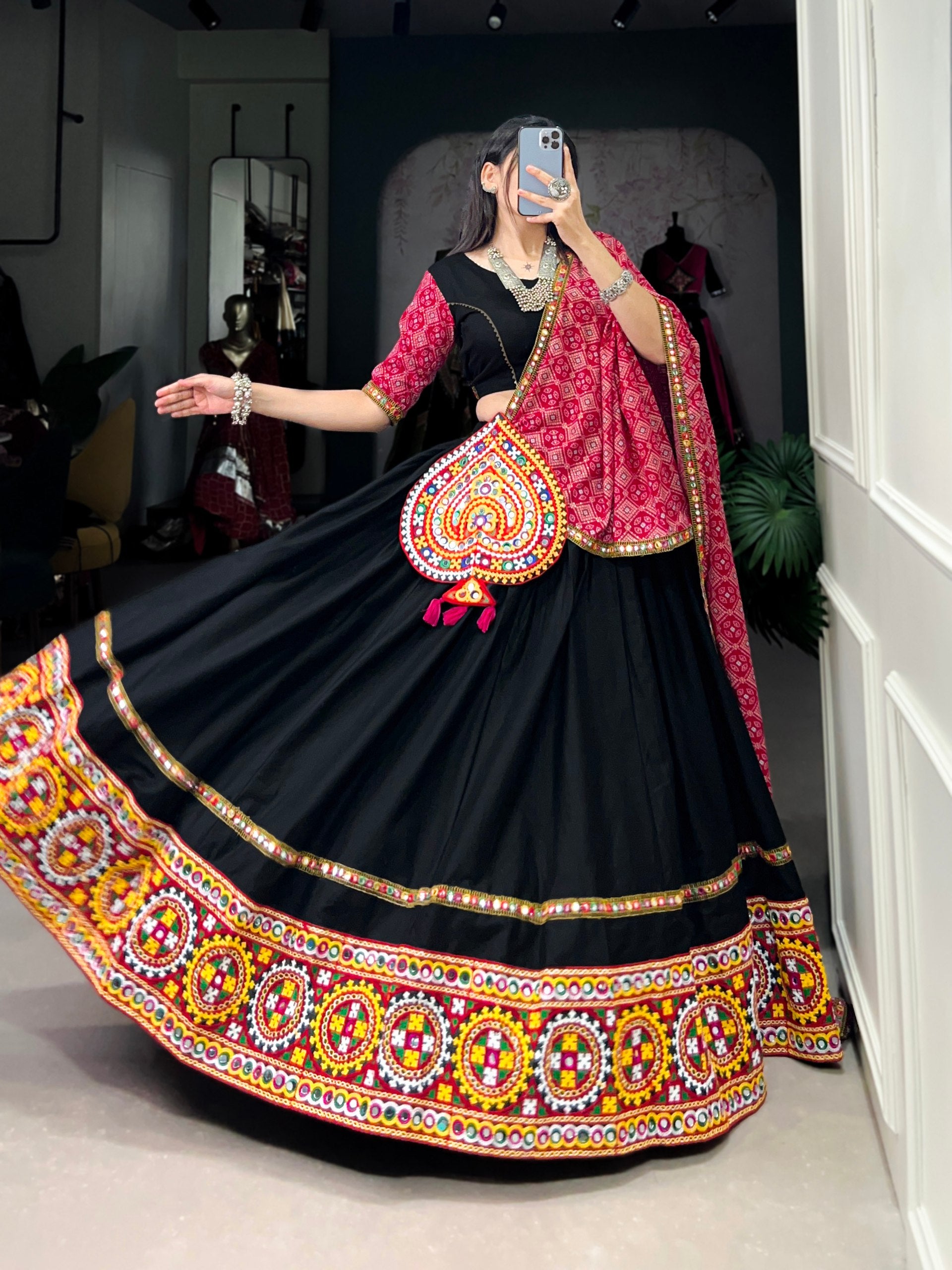 Lorenvalley Black Pure CottonPlain And Original Mirror Gamthi Work Lace Border Lehenga Choli with Dupatta - Distacart
