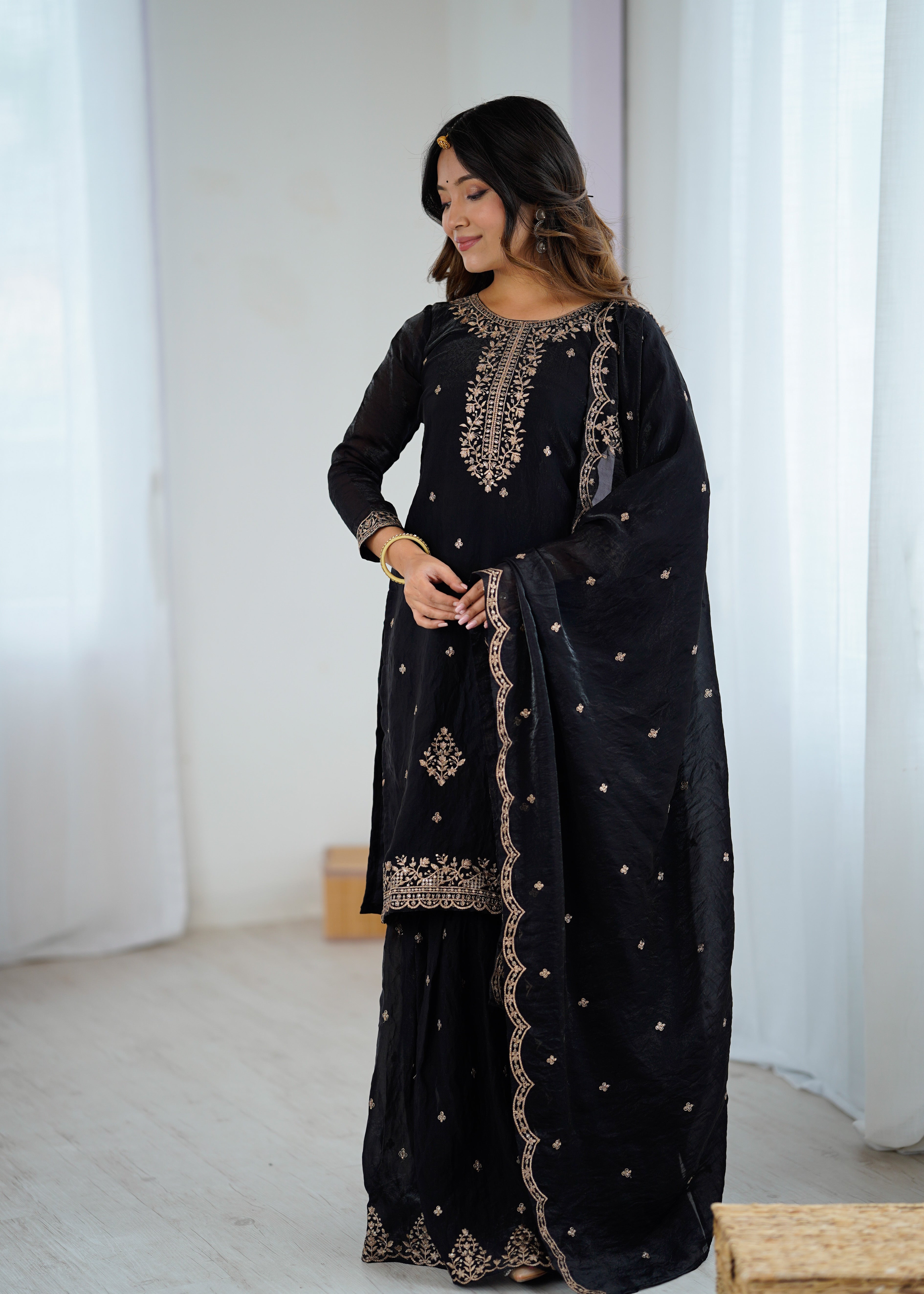 Lorenvalley Black Soft Crunchy Silk with Embroidery Sequence and Jari Work Kurta Palazzo with Dupatta