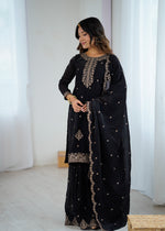 Thumbnail for Lorenvalley Black Soft Crunchy Silk with Embroidery Sequence and Jari Work Kurta Palazzo with Dupatta