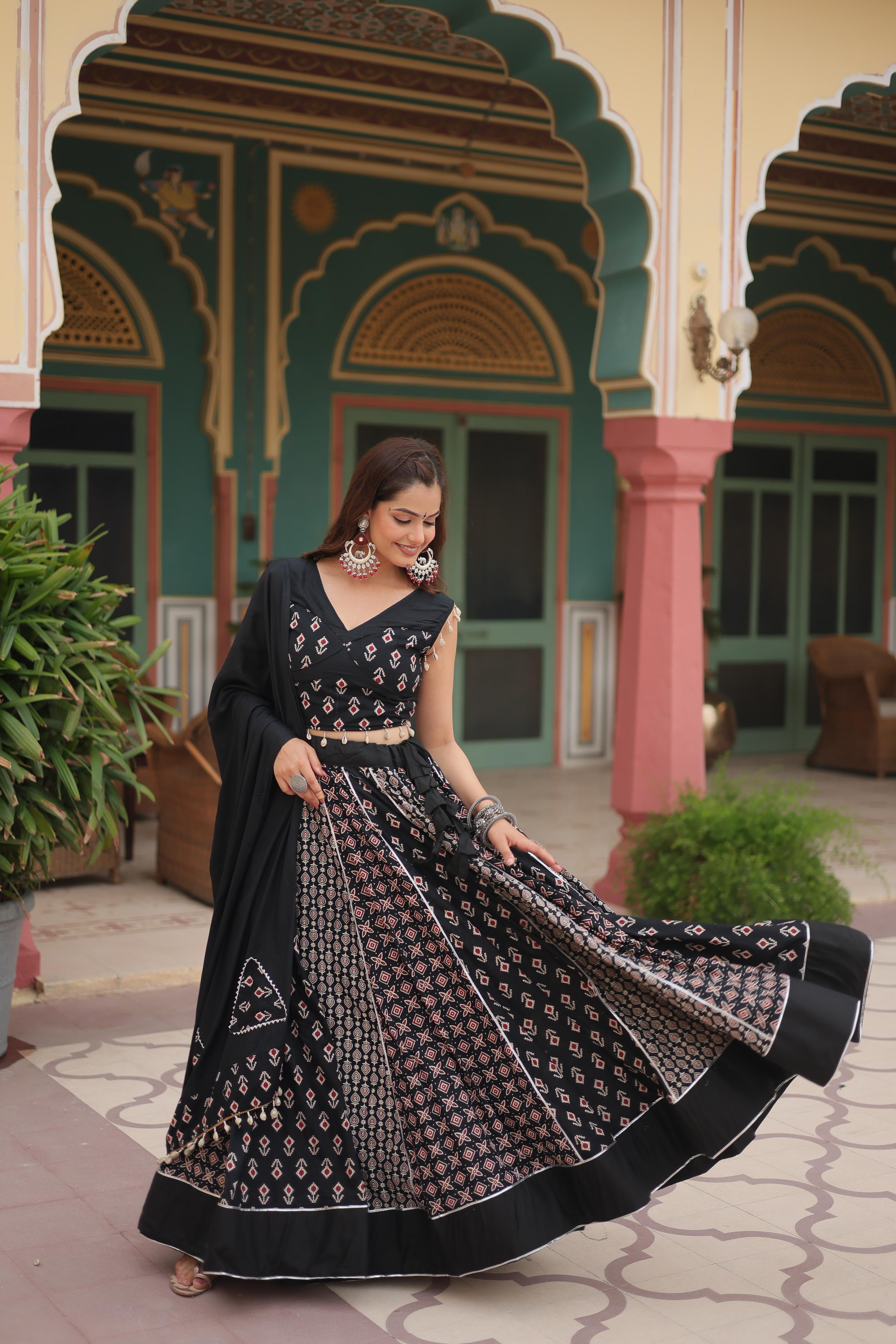 Lorenvalley Black Rayon Gota Patti Lace Printed Kali Pattern Lehenga Choli with Dupatta - Distacart