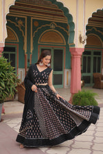 Thumbnail for Lorenvalley Black Rayon Gota Patti Lace Printed Kali Pattern Lehenga Choli with Dupatta - Distacart