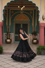 Thumbnail for Lorenvalley Black Rayon Fabric with Printed Attached In Frill And Neck Gown - Distacart