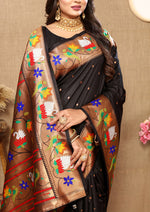 Thumbnail for Lorenvalley Fashion Black Soft Paithani Silk Woven Design Rich Zari Meenakari Weaving Saree - Distacart