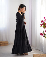 Thumbnail for Lorenvalley Women Pure Roman silk Chanderi Fabric Layer Gathering Anarkali Kurta Pant With Dupatta Set