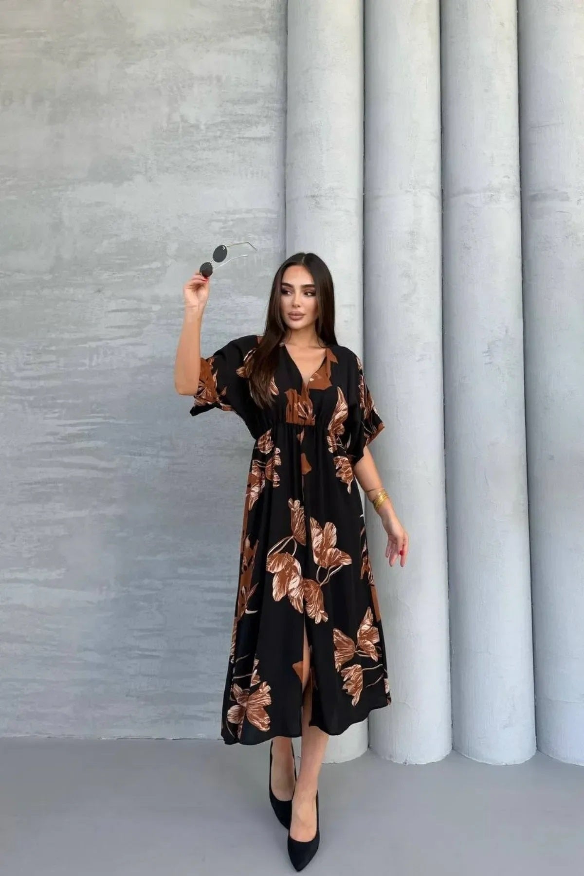 Pimu Front Slit Midi Dresses V-neck Designs For Women Party Wear - Black