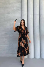 Thumbnail for Pimu Front Slit Midi Dresses V-neck Designs For Women Party Wear - Black
