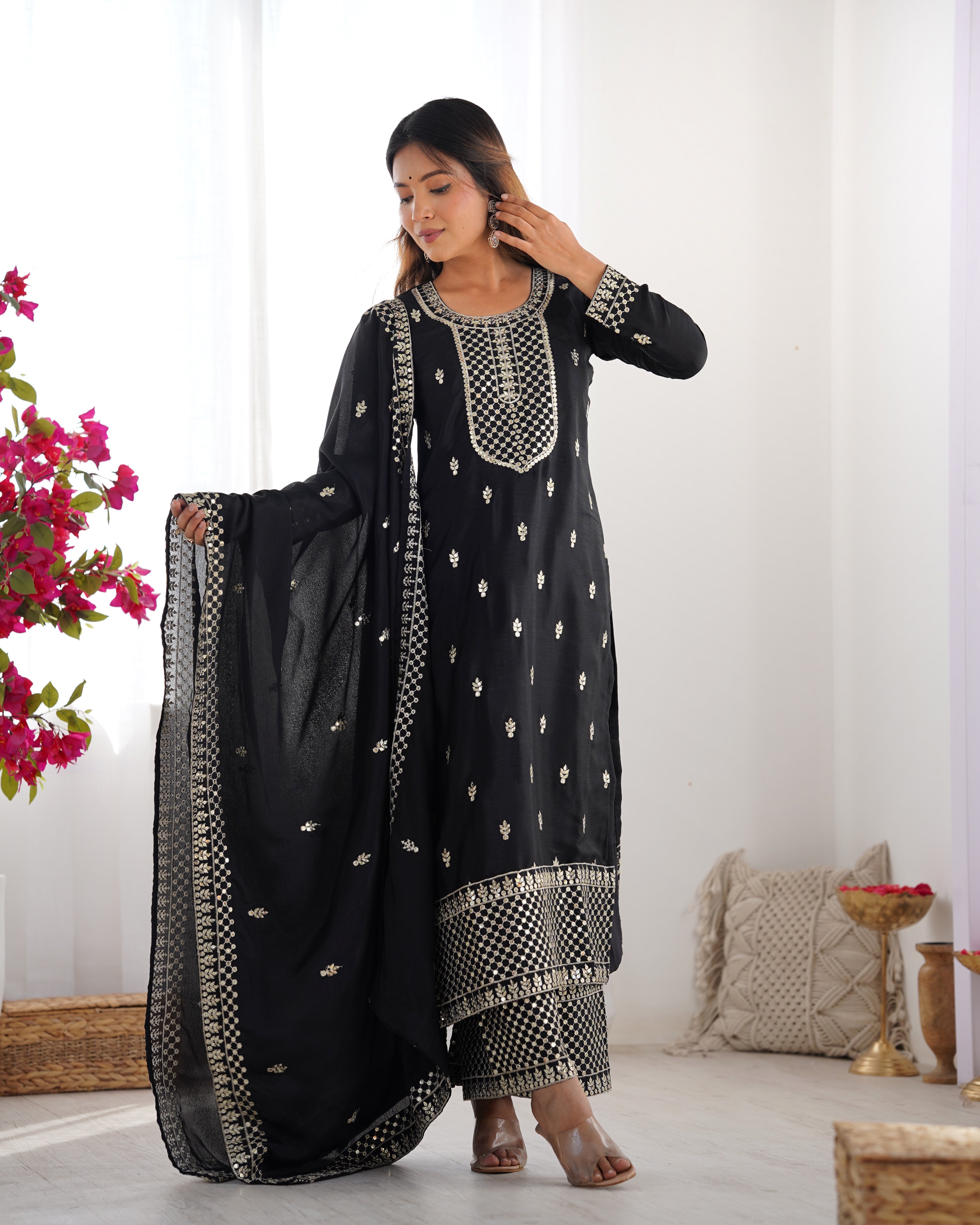 Lorenvalley Black Chinon Silk Embroidery Sequence and Jari Work Kurta Trousers with Dupatta Set