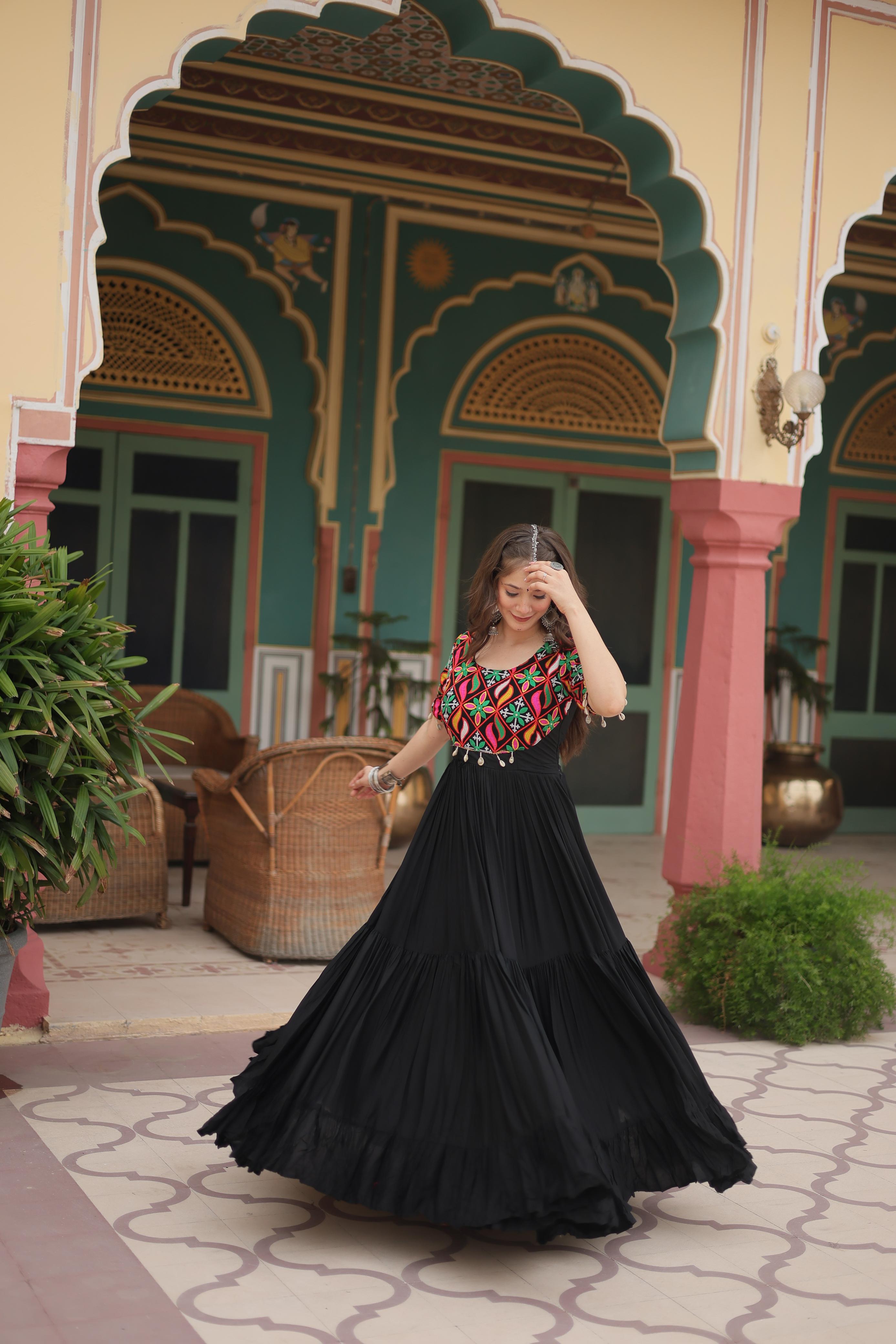 Lorenvalley Black Rayon Fabric with Kutchi Gamthi Kodi work Gown
