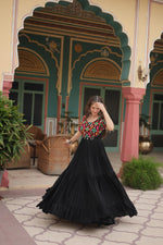 Thumbnail for Lorenvalley Black Rayon Fabric with Kutchi Gamthi Kodi work Gown