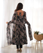 Thumbnail for Lorenvalley Pure Faux Georgette Multi Floral Print Fully Flared Anarkali Pant With Dupatta Set - Black - Distacart