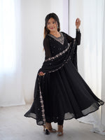 Thumbnail for Lorenvalley Black Faux Georgette Fancy Embroidery Beads And Jari Work Anarkali Kurta Palazzo With Dupatta Set