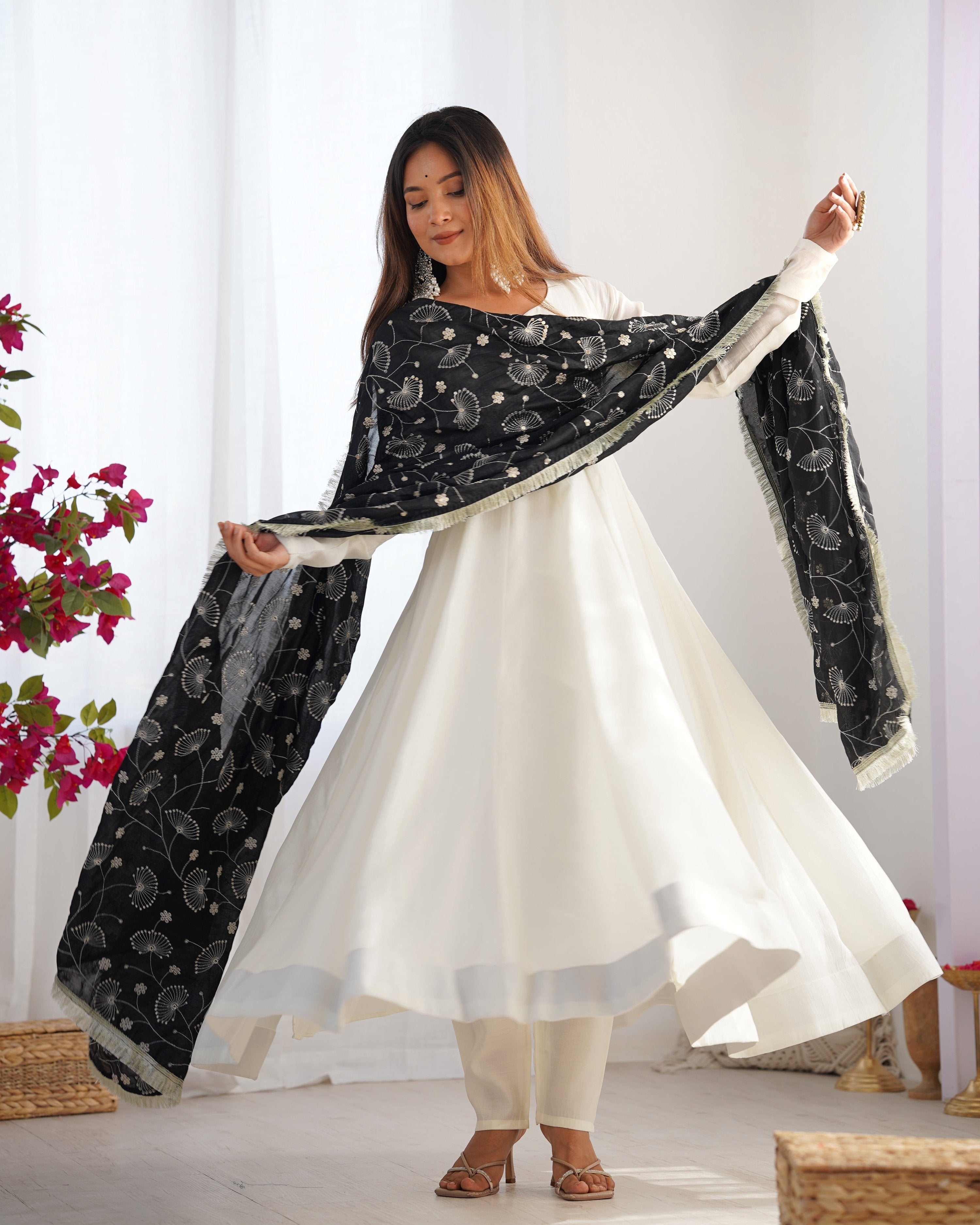 Lorenvalley Fashion White Vichitra Silk Fabric Fully Flared Anarkali Pant With Dupatta Set