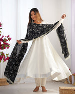 Thumbnail for Lorenvalley Fashion White Vichitra Silk Fabric Fully Flared Anarkali Pant With Dupatta Set