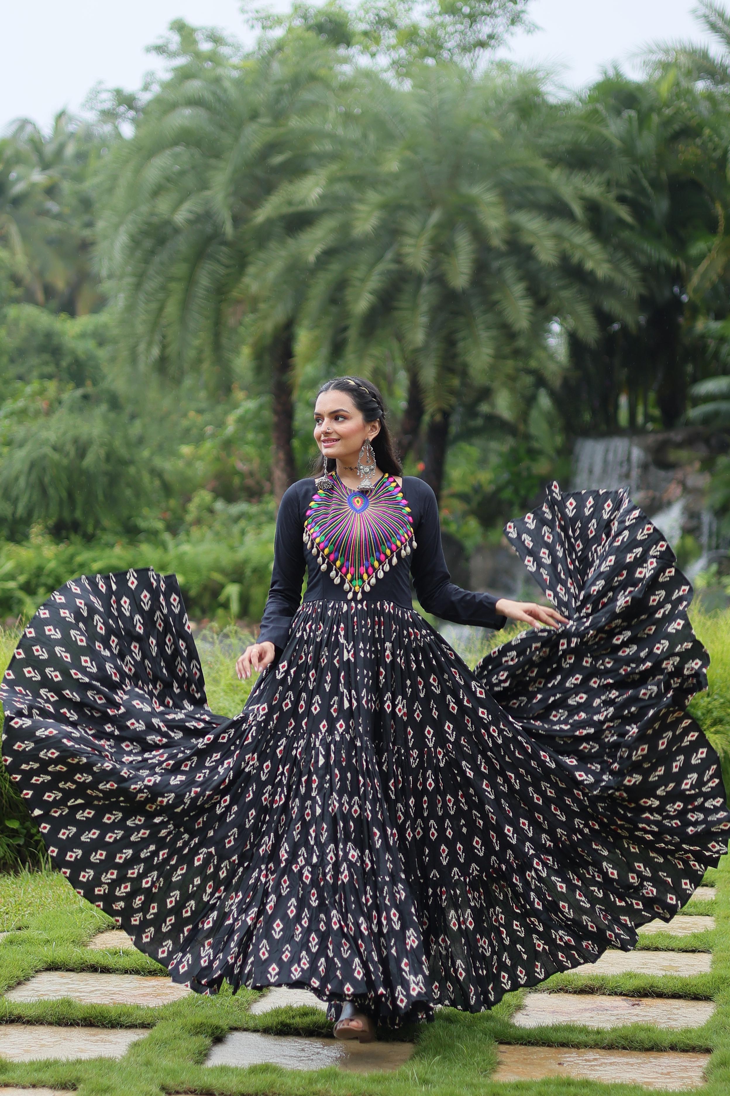 Lorenvalley Black Cotton Printed With Kutchi Gamthi Work and Kodi Lace Gown - Distacart