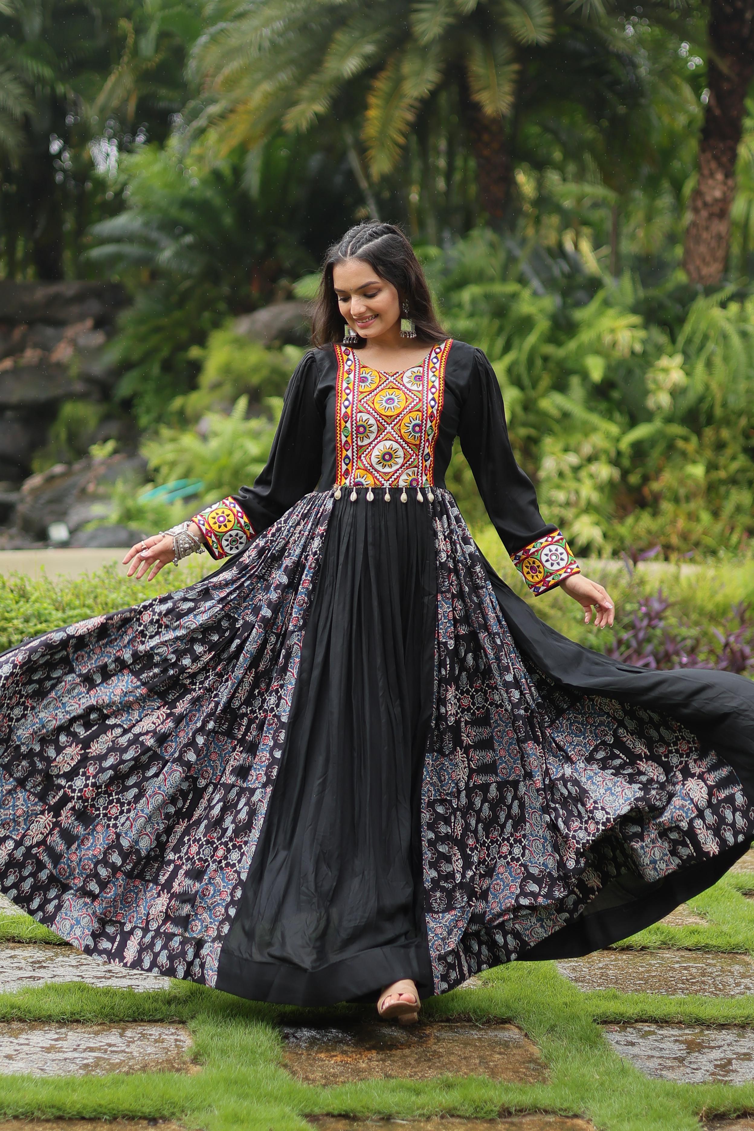 Lorenvalley Black Rayon Contrast of Printed with Kutchi Gamthi work Gown